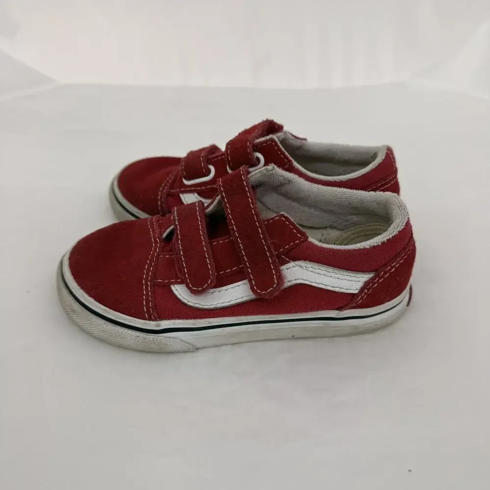 Vans Old Skool V Toddler Size 9.0 Red Hook & Loop Canvas Suede Sneakers Shoes